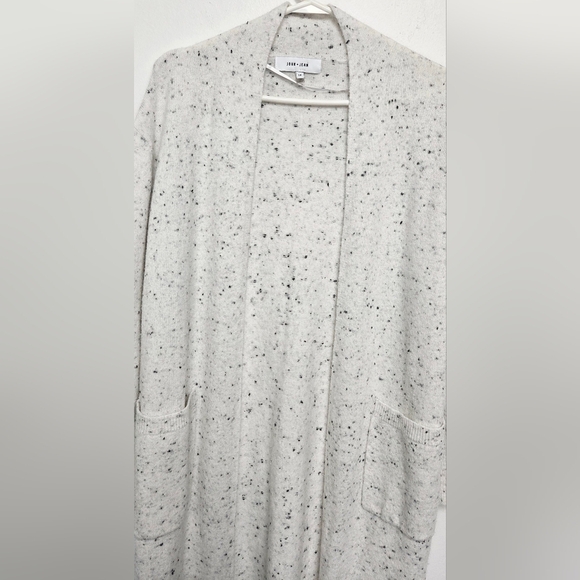 John + Jenn Sz Small Cream Knit Speckled Open Pocket Longline Cardigan Sweater - Picture 2 of 13